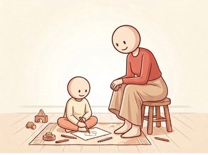 Yasmina EL ARKOUBI accompagnant un enfant qui dessine, illustration